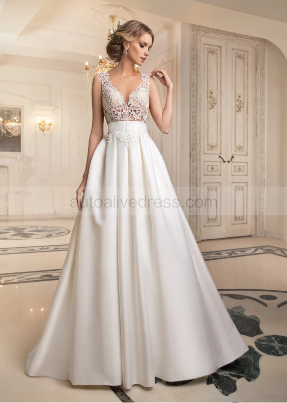 Ivory Lace Satin Sheer Back Minimalist Wedding Dress Ivory Lace Satin Sheer Back Minimalist Wedding Dress